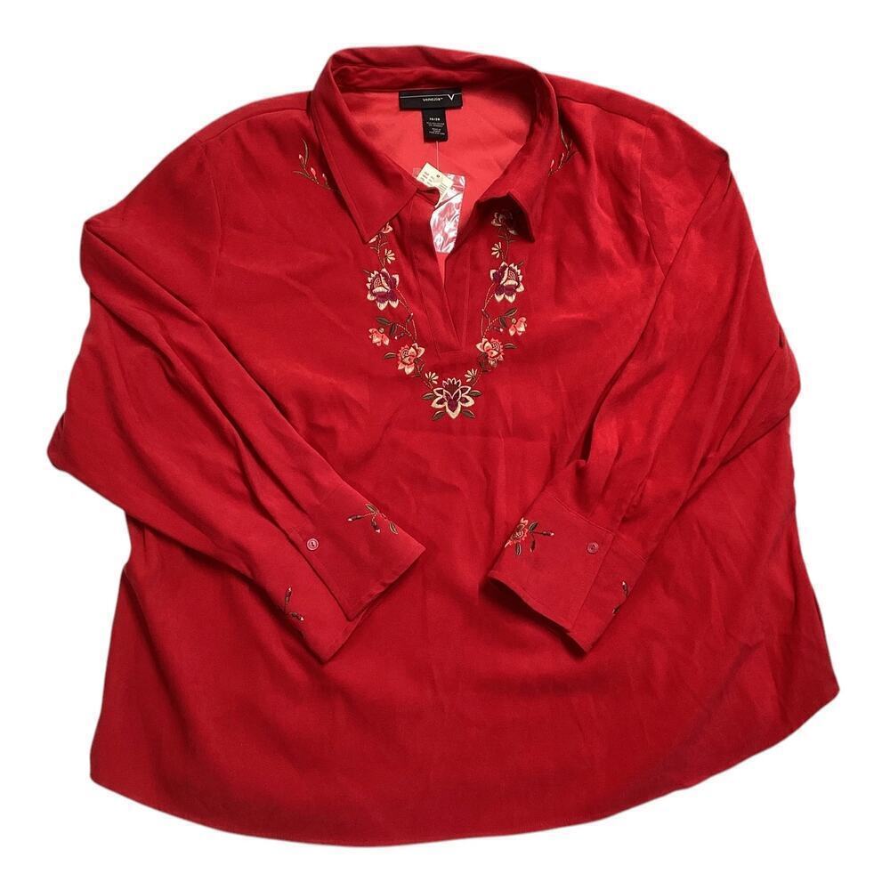 Vintage Venezia V-neck floral embroidery suede like material XXL red